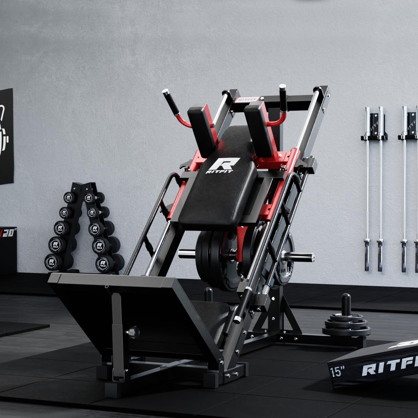 RitFit Leg Press Hack Squat Machine, Professional Adjustable Leg Press Machine for Home Gym with Linear Bearing, Full Lower Body Workout with Weight Storage (Red,with Pull up Band)