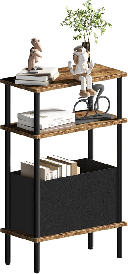 Newmics 3-Tier Narrow Side Table with Fabric Basket, End Table for Small Spaces, Slim Nightstand with Storage Shelf
