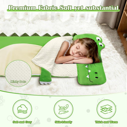 Toddler Nap Mat,Crocodile Kids Sleeping Bag 67‘’×27‘’,Extra Large Slumber Bag Thick with Removable Pillow for Girls Boys,Soft Plush Roll Up Sleeping Mat Lightweight for Preschool,Daycare,Travel,Green