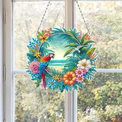 C'eitura DIY Acrylic Beach Flower Parrots Diamond Painting Kit, 5D Special Shape Drill Ocean Art for Home Decor, Unique Summer Gift，Relaxing DIY Craft Kit for Adults & Teens