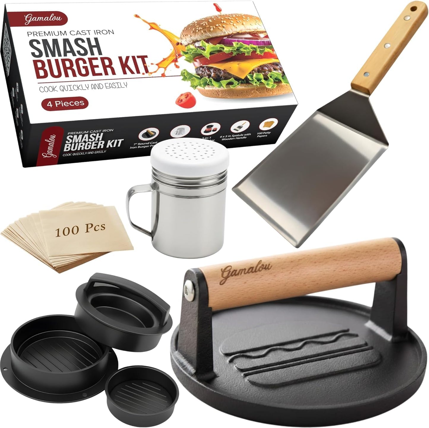 MOJMBSBY Smash Burger Kit, Cast Iron Press, Meat Mold, Seasoning Shaker and Meat Pie Paper for Perfect Cookouts, Barbecues and Tailgates