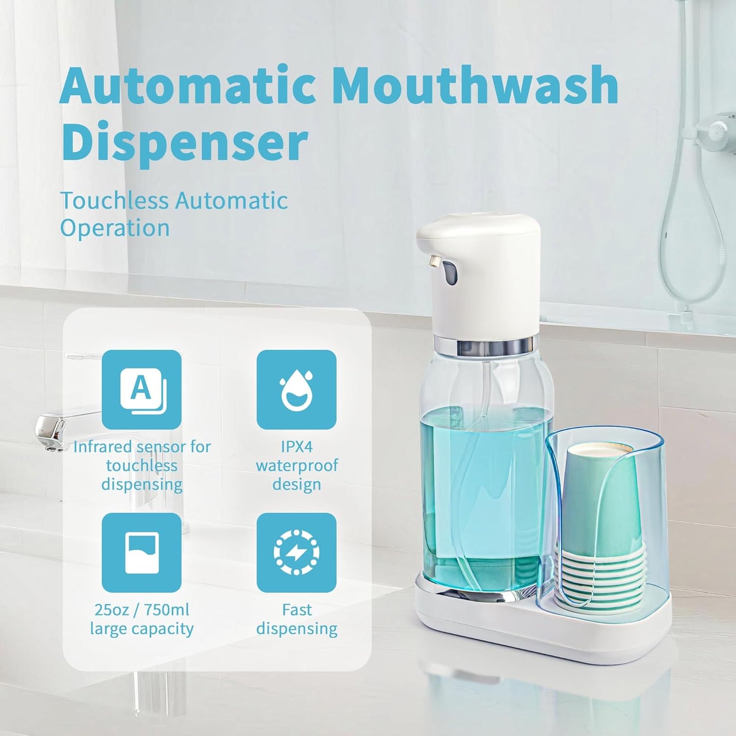 WannSenn Set, 25oz Automatic Mouthwash Dispenser for Bathroom Smart Electric Mouthwash Dispenser with Cup Holder