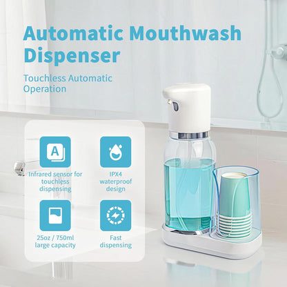 WannSenn Set, 25oz Automatic Mouthwash Dispenser for Bathroom Smart Electric Mouthwash Dispenser with Cup Holder