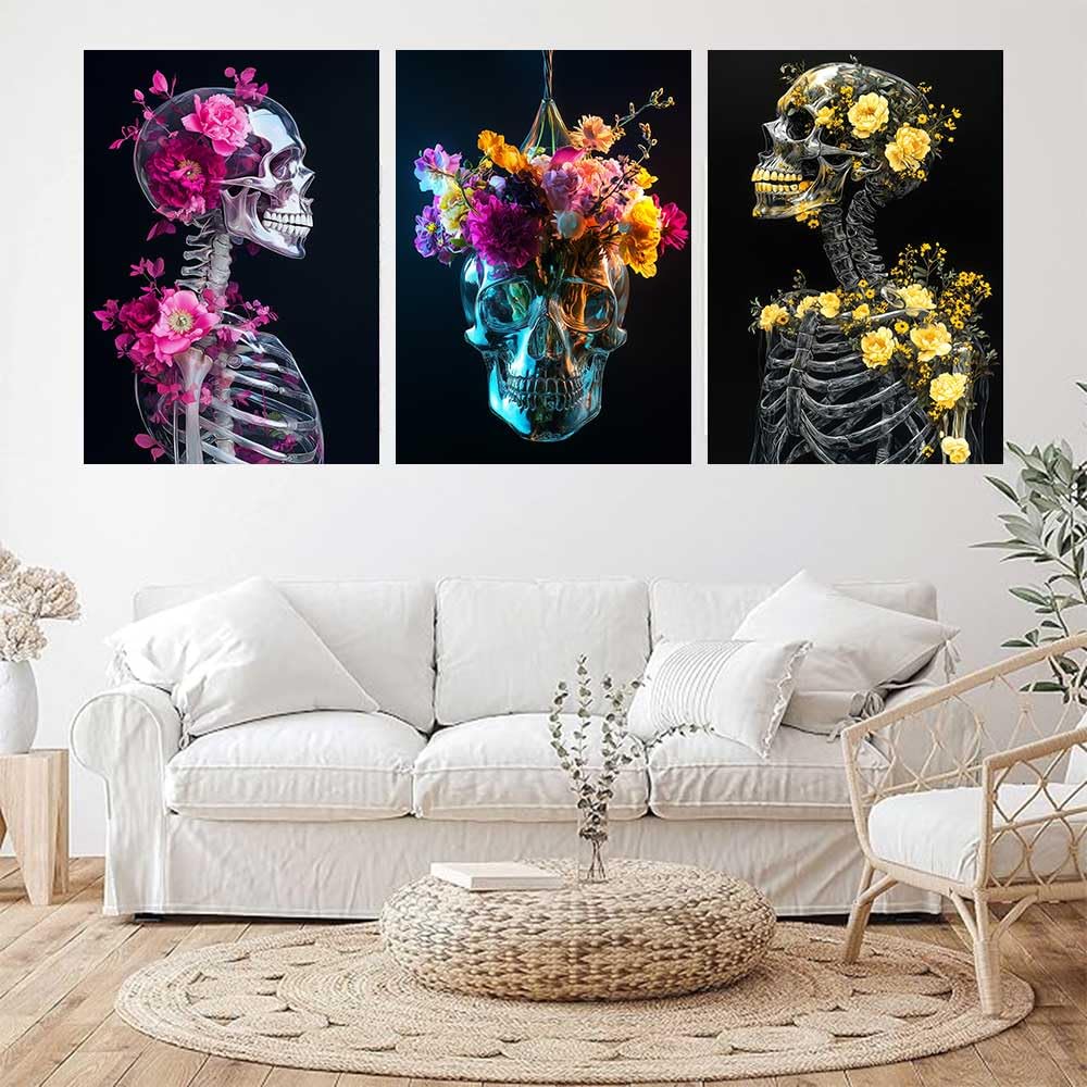 LATETOMT 15x20in 3 Pieces Aesthetic Skull Tapestries Flower Skeleton Wall Art Goth Love Tapestry Black Vertical Wall Tapestry for Valentine's Day Decor Bedroom Living Room Dorm LTMTAYW500