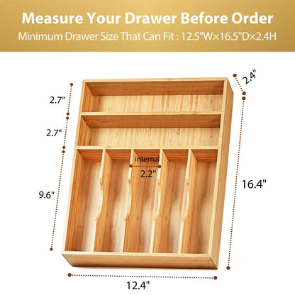 Umilife Bamboo Kitchen Drawer Organizer, 13 Inch Silverware Utensil Tray Holder, Extra Deep Grooved Drawer Divider, 7 Slots Total Bamboo Wood Caddy for Flatware Cutlery Knives, Forks, Spoons