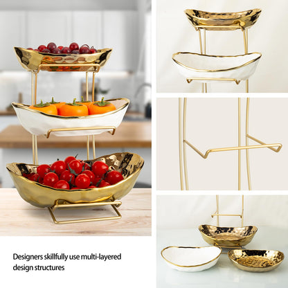 MEIGLQEA 3-Tier Gold Fruit Bowl & Tray with Metal Stand - Ceramic White, Triple Layer for Snacks, Nuts, Bread & Candy Storage