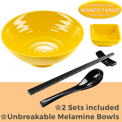Unbreakable Ramen Bowl Set with Chopsticks and Spoon, 2 Large Japanese Style Melamine Bowls for Pho Soup, Yellow