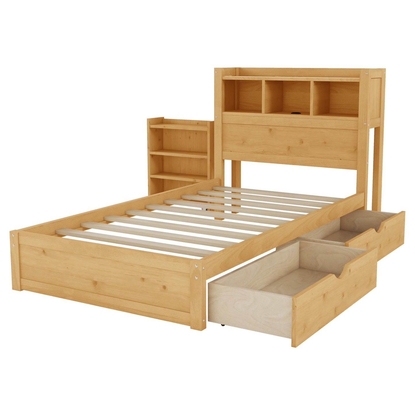KEIKI Twin Size Wood Platform Bed Frame with Storage Headboard & Pull Out Storage Cabinet & 2 Drawers, Modern Bed with Solid Slats & Socket, No Box Spring Required, Easy Assembly, for Bedroom, Natural