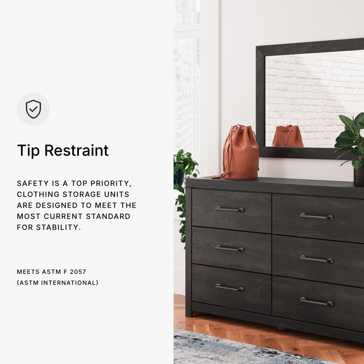 Signature Design by Ashley Delmorta Rustic 6-Drawer Dresser and Mirror with Anti-Tipping Restraint, Black