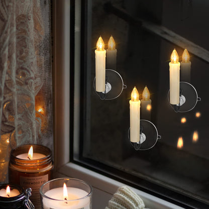 FPOO 12 PCS Flameless Flickering Window Candles with Timer Remote, Battery Operated LED Taper Christmas Tree Candles Lights with Clips and Suction Cups for Home, Garden, Holiday Decorations