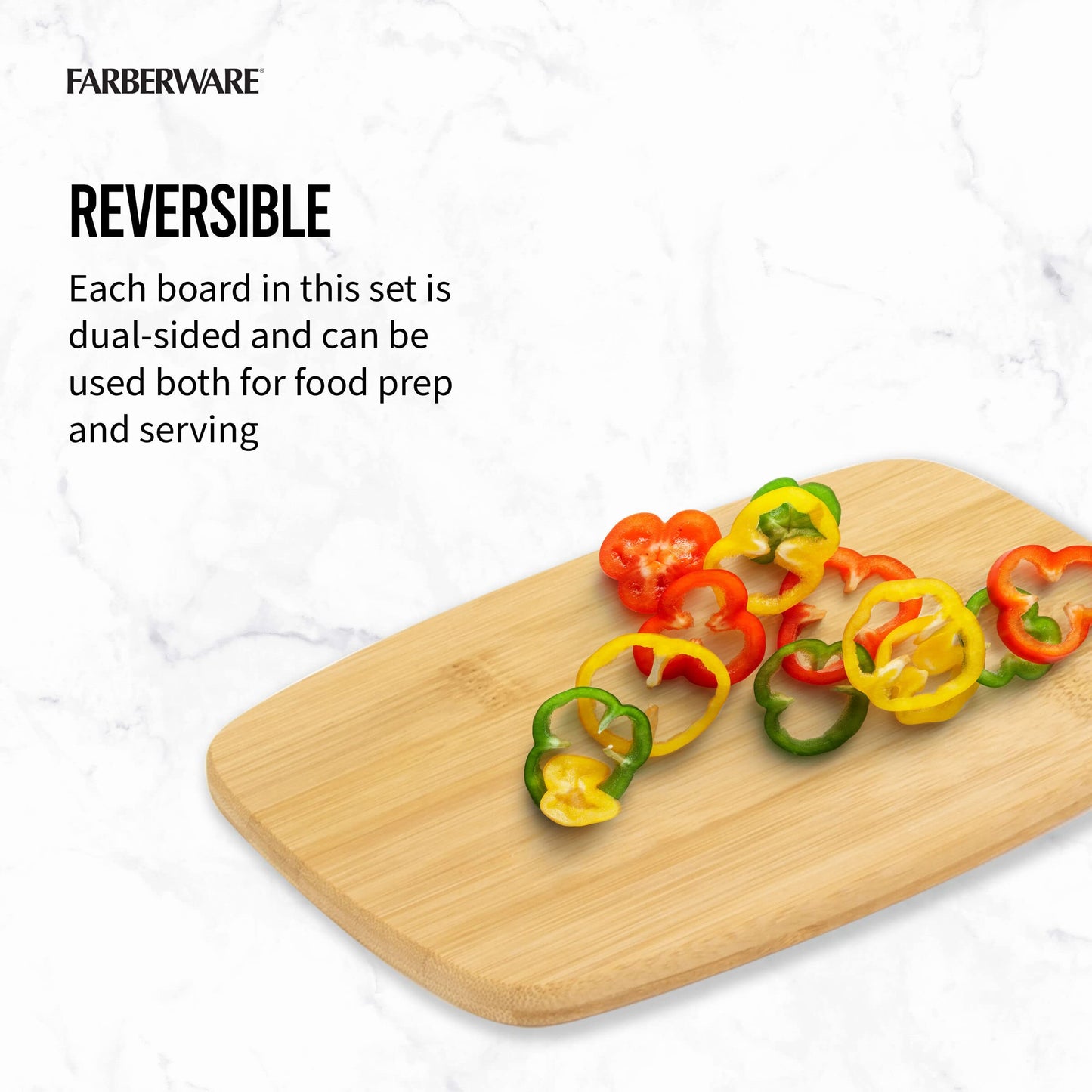 FARBERWARE 4-Piece Reversible Bamboo Cutting Board and Charcuterie Set, Assorted Sizes, Durable Wood Serving Boards for Cheese, Meats, and Prep