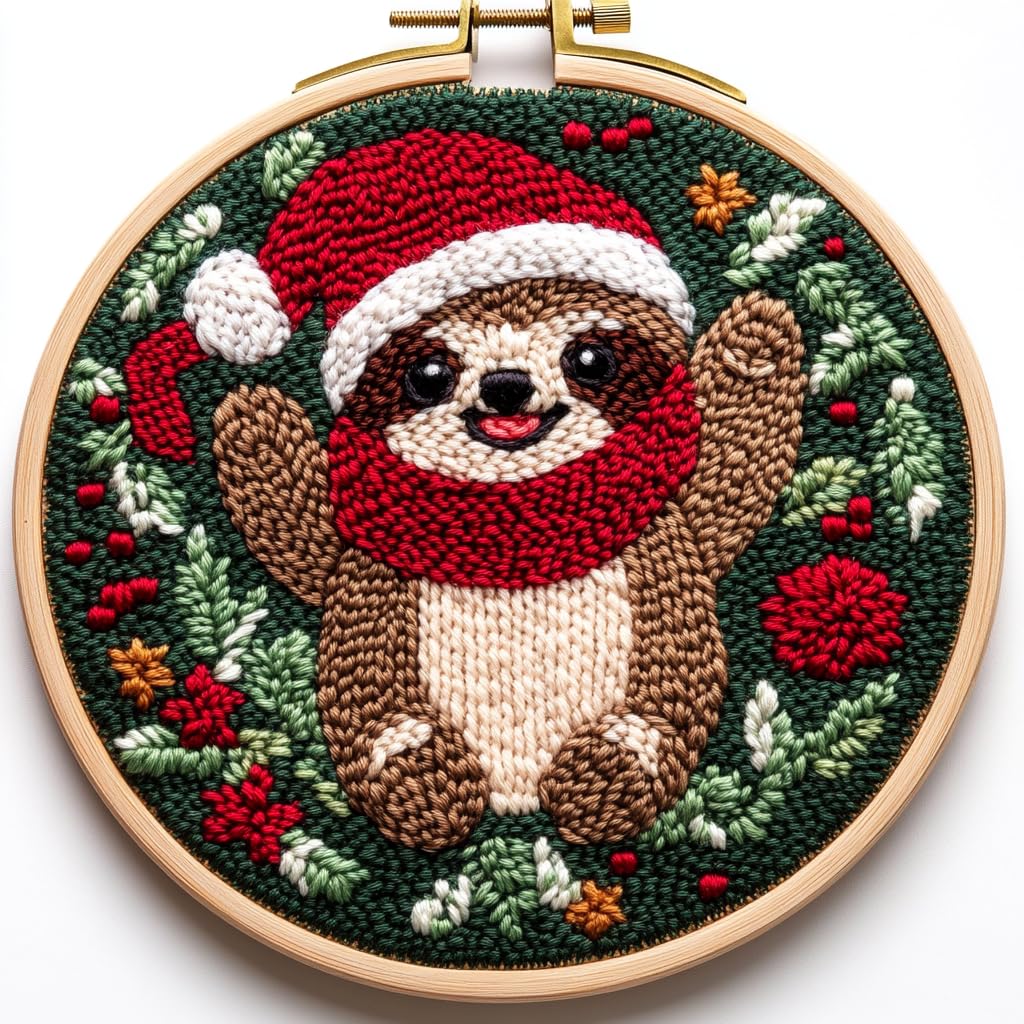 DIY Punch Needle Kits for Beginners Cute Cartoon Sloth with Christmas with Hoop Embroidery Punch Needle Starter Craft Set Easy for Adults and Children Festival Gift and Decoration 20x20cm-3