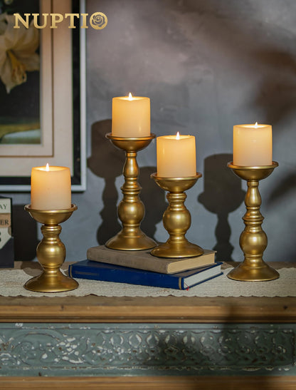 Set of 2 Gold Candlestick Metal Pillar Candle Holders, Flameless Candlestick Holders Stand Centerpieces Decoration Ideal for Weddings, Special Events, Parties