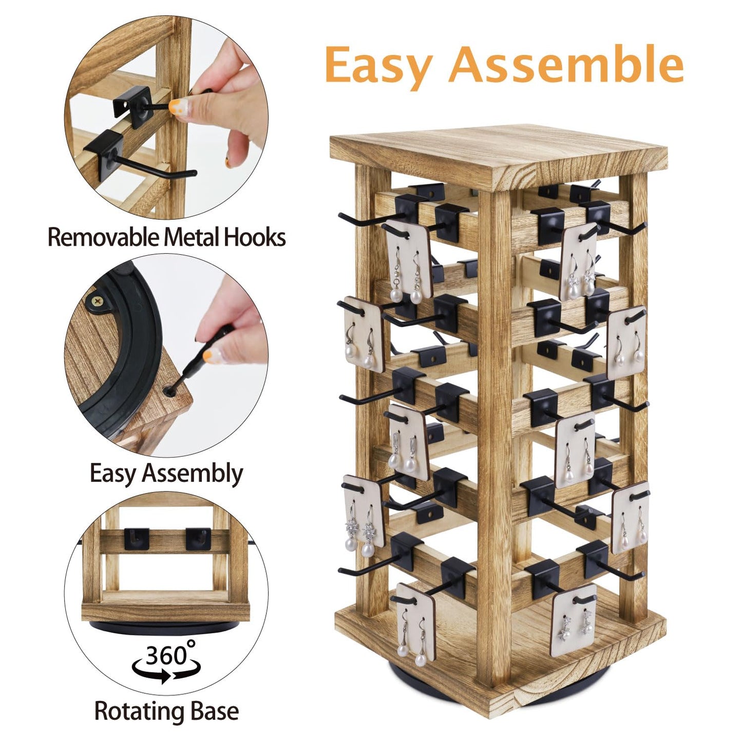 Ikee Design Wood Rotating Jewelry Display, Removable 42 Hooks Earring Display Stand, 5 Bars Earring Organizer Stand, Oak Color