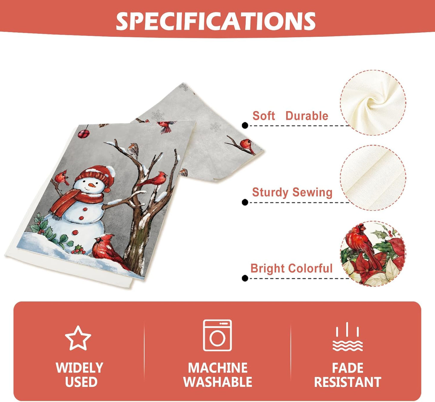 13x108 Inch Christmas Red Bird Branch Table Runner Snowman Cardinal Burlap Table Runners, Winter Xmas Seasonal Coffee