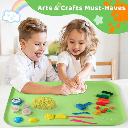 AtMini Silicone Craft Mats for Kids 24"x16"– with Raised Lip & Non-Slip | Reusable Silicone Art Mat for Play Sand, Painting, DIY Crafts | Durable Design (Green)