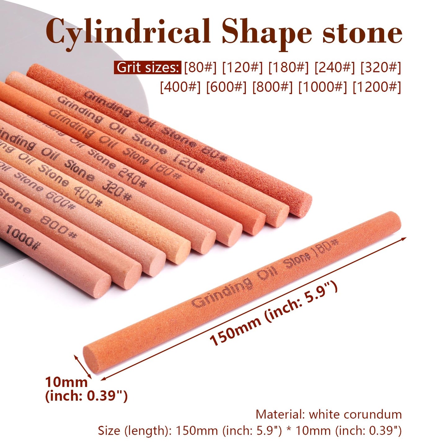 CBRIGHT 10pcs Sharpening Stone Set-10 Grit Cylindrical Assorted Sizes Whetstone Sharpener Polishing Honing Stone Kit 80# 120# 180# 240# 320# 400# 600# 800# 1000# 1200# (5.9x0.39inch)