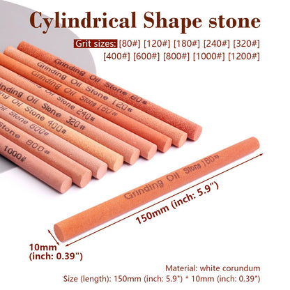 CBRIGHT 10pcs Sharpening Stone Set-10 Grit Cylindrical Assorted Sizes Whetstone Sharpener Polishing Honing Stone Kit 80# 120# 180# 240# 320# 400# 600# 800# 1000# 1200# (5.9x0.39inch)