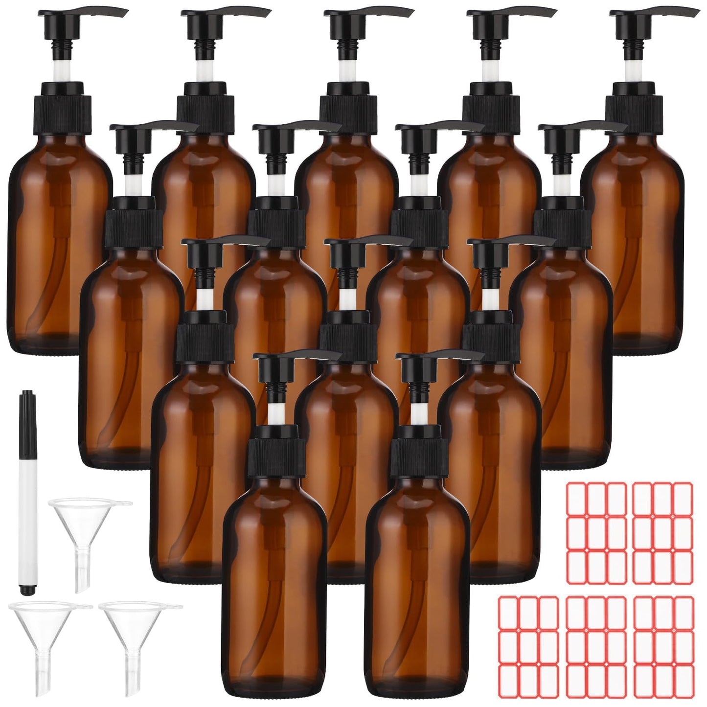 15 Pcs Amber Glass Pump Bottles - 4 oz Refillable Amber Travel Bottles Dispenser Set with Press Pumps, Includes 3 Funnels, 5 Label Sheets & Pen, Refillable Glass Containers for Lotions