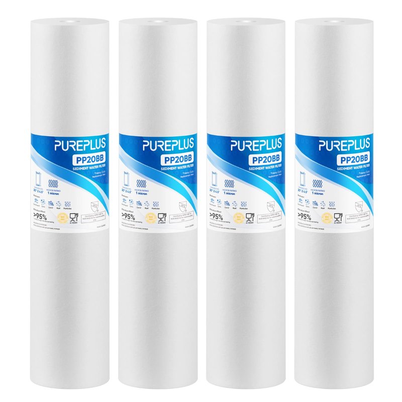 PUREPLUS 1 Micron 20" x 4.5" Whole House Sediment Home Water Filter Replacement Cartridge, Compatible with DGD-2501-20, AP810-2, P1-20BB, FP25B, FPMB-BB1-20, SDC-45-2001, 4 Pack