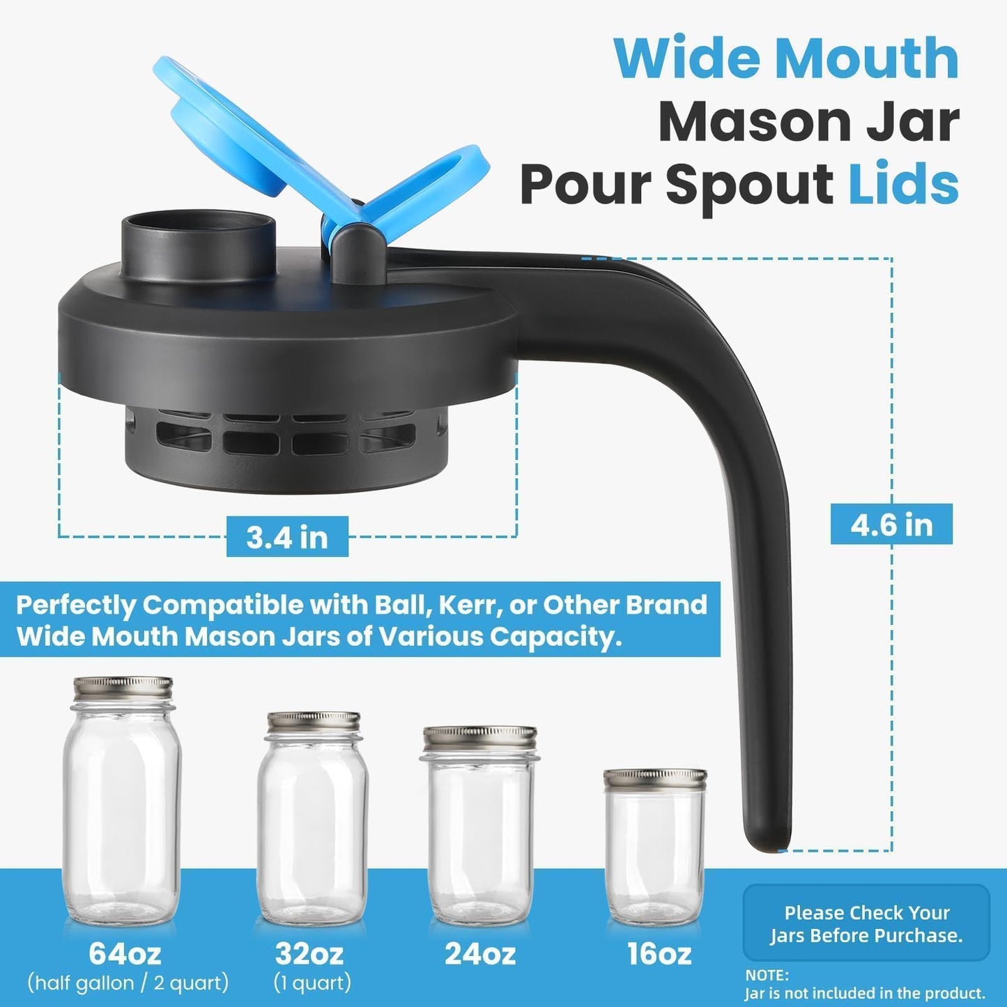 UPGRADED- Mason Jar Pour Spout Lids with Detachable Filters for Wide Mouth Mason Jars - 2 Pack Flip Top Pitcher Lids with Handle for Ball & Others- Airtight Seal Cover Cap, Dishwasher Safe, Food Grade