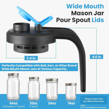 UPGRADED- Mason Jar Pour Spout Lids with Detachable Filters for Wide Mouth Mason Jars - 2 Pack Flip Top Pitcher Lids with Handle for Ball & Others- Airtight Seal Cover Cap, Dishwasher Safe, Food Grade
