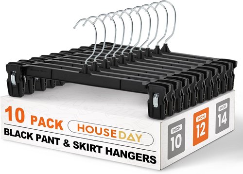 HOUSE DAY Pants & Skirt Hangers - 10 Pack Non-Slip Clips for Space-Saving Closet Organization - 12 Inch, Black