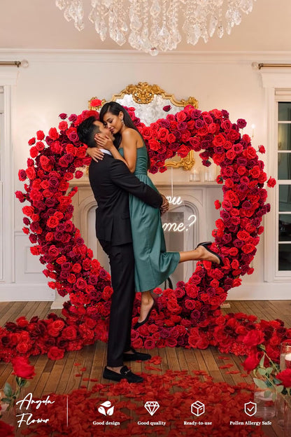Fabric Cloth Base Artificial Flower Arrangement Decorative Heart Shaped Wedding Arch Backdrop Marriage Proposal Outdoor Party Event Decoration (Dark Red & Red Flowers no Arch)