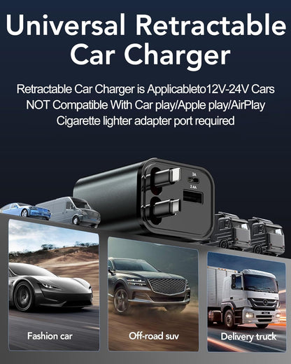 Skiennix Retractable Car Charger - 69W USB-C Fast Charging Adapter | Essential Road Trip Accessory for iPhone & Galaxy