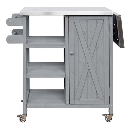 Foldable Outdoor Kitchen Island Cart with Stainless Steel Top, Rolling Grill Table with Storage Cabinet Shelves and Double Towel Rack, Wooden BBQ Prep Station with Lockable Wheels for Patio, Grey