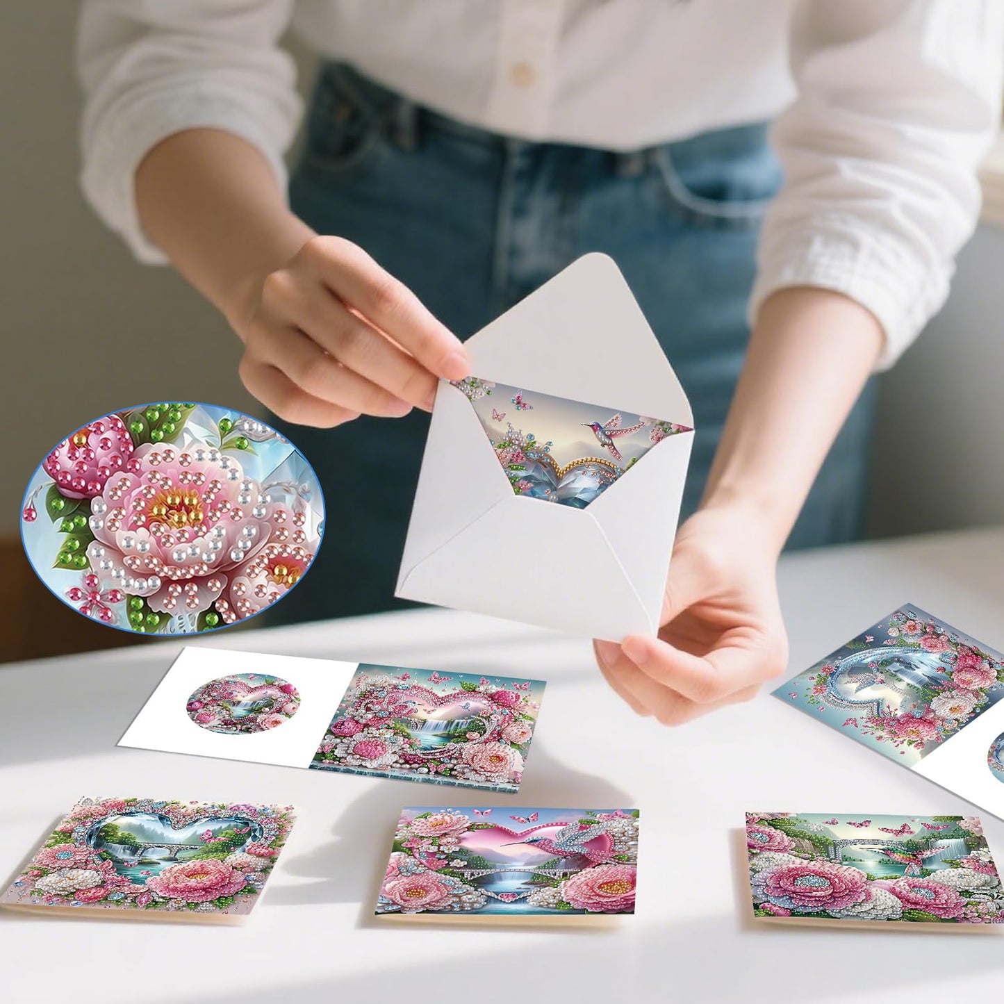 6 Pack Diamond Art Greeting Cards with Envelopes, Flowers and Hummingbirds DIY 5D Diamond Painting Card Kit, Handmade Rhinestone Postcards for Birthday & Valentine’s Day Wishes (30x15cm)