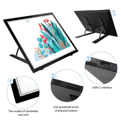 DONPODER A3 Light Pad for Diamond Painting with Stand, Diamond Art Light Board 5500 Lux,Tracing Light Box 10 Levels/Stepless Dimming Diamond Art for Sketching,Animation,Tattoo,Diamond