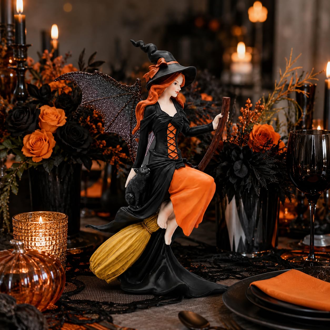 Comfy Hour 8" Gothic Fairy Witch Figurine on Broom, Fantasy Sorceress Statue with Mystical Wings, Spooky Halloween Indoor Decor Accent, Polyresin Artisan Crafted Sculpture, 1 Unit