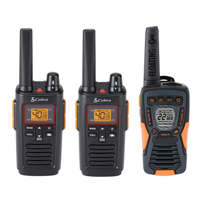 Cobra RX680 Walkie Talkies (2-Pack) - Rugged & Splashproof Two Way Radios Long Range, IP54 Water Resistant Design, 60 Pre-Programmed Channels, Weather Alerts, Included Charging Dock (Black/Orange)
