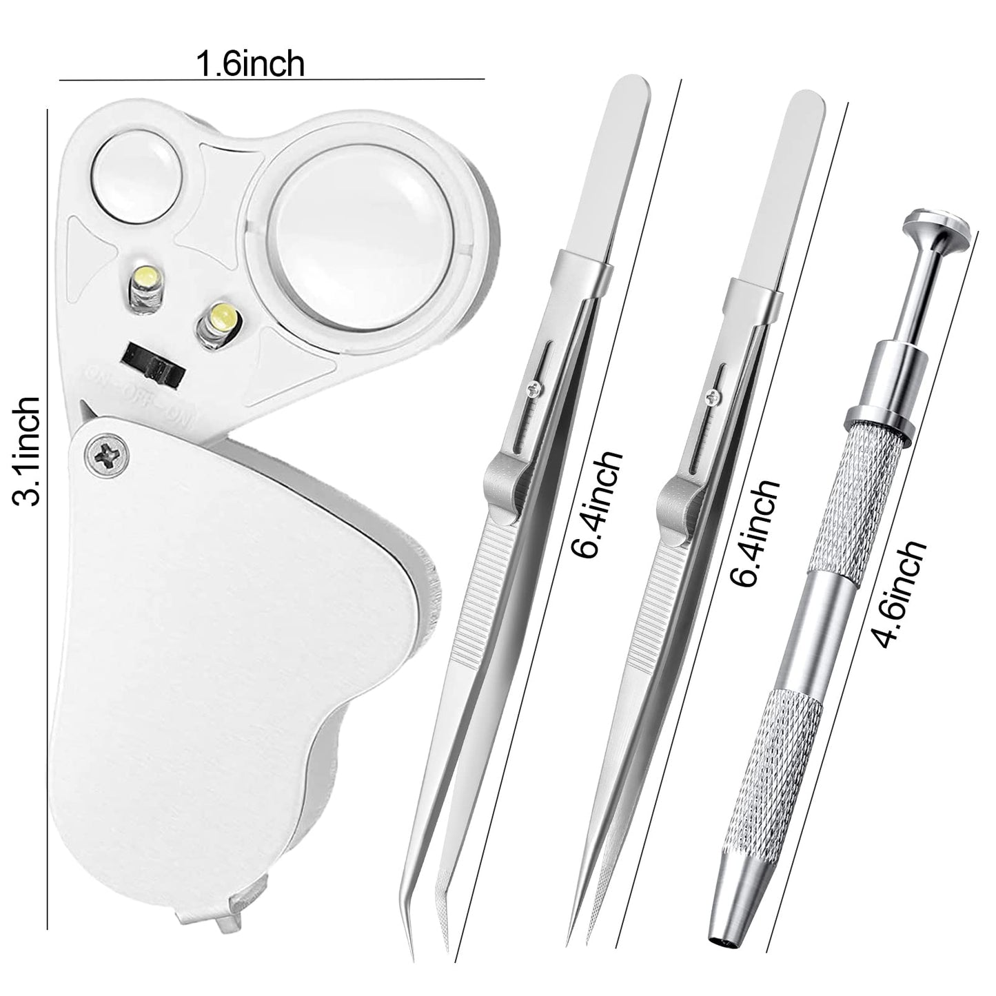4 Pack Diamond Jewelers Tweezers Holder Pick up Tool Claw Gems Tweezer Grabber Jewelry Locking Tweezers with 30X 60X Jewelers Loupe Magnifier