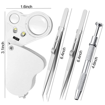 4 Pack Diamond Jewelers Tweezers Holder Pick up Tool Claw Gems Tweezer Grabber Jewelry Locking Tweezers with 30X 60X Jewelers Loupe Magnifier