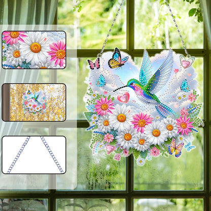 C'eitura Daisy Flowers Hummingbird Cloud Acrylic Special Shape Diamond Art Painting Hanging Pendant Kit - DIY Window Suncatcher for Home Wall Decor, Sparkling Garden Craft