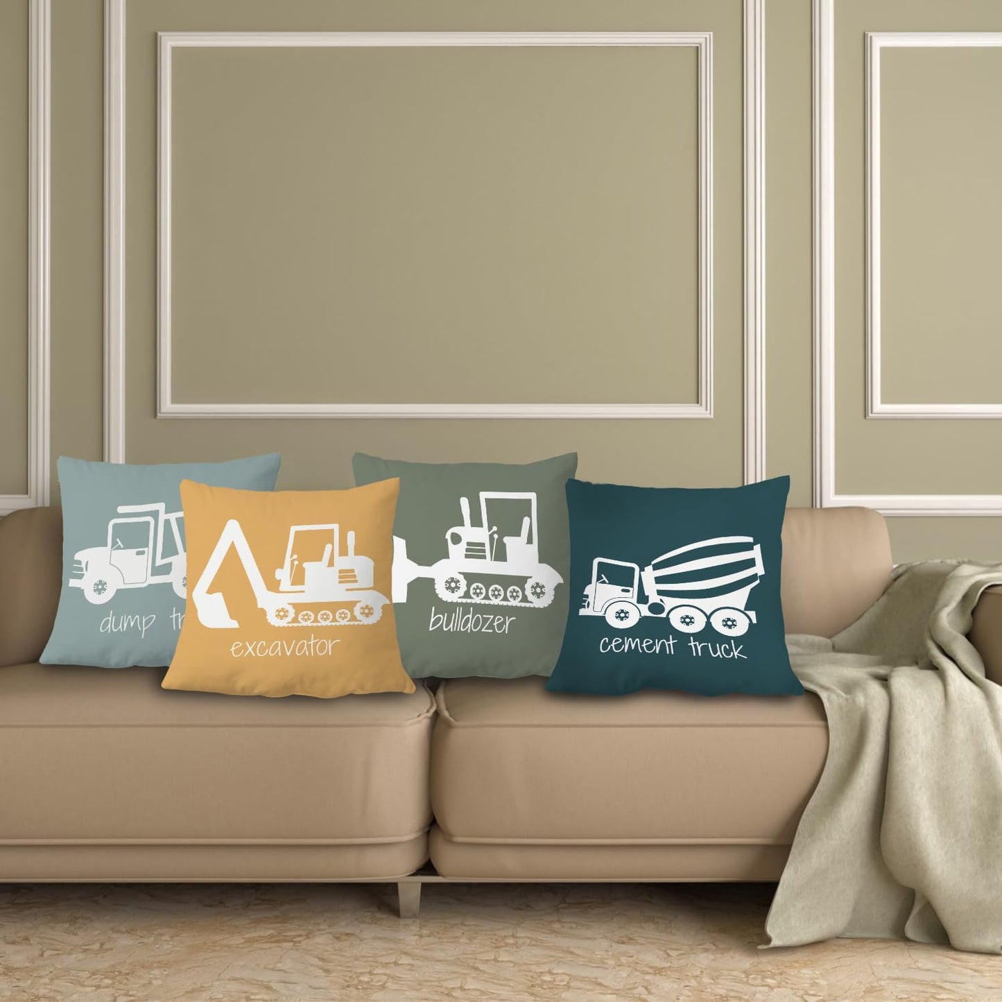 18x18 Set 4 Construction Truck Decor for Toddler Boys Room - Bedroom Playroom Nursery, Truck Pillow Covers