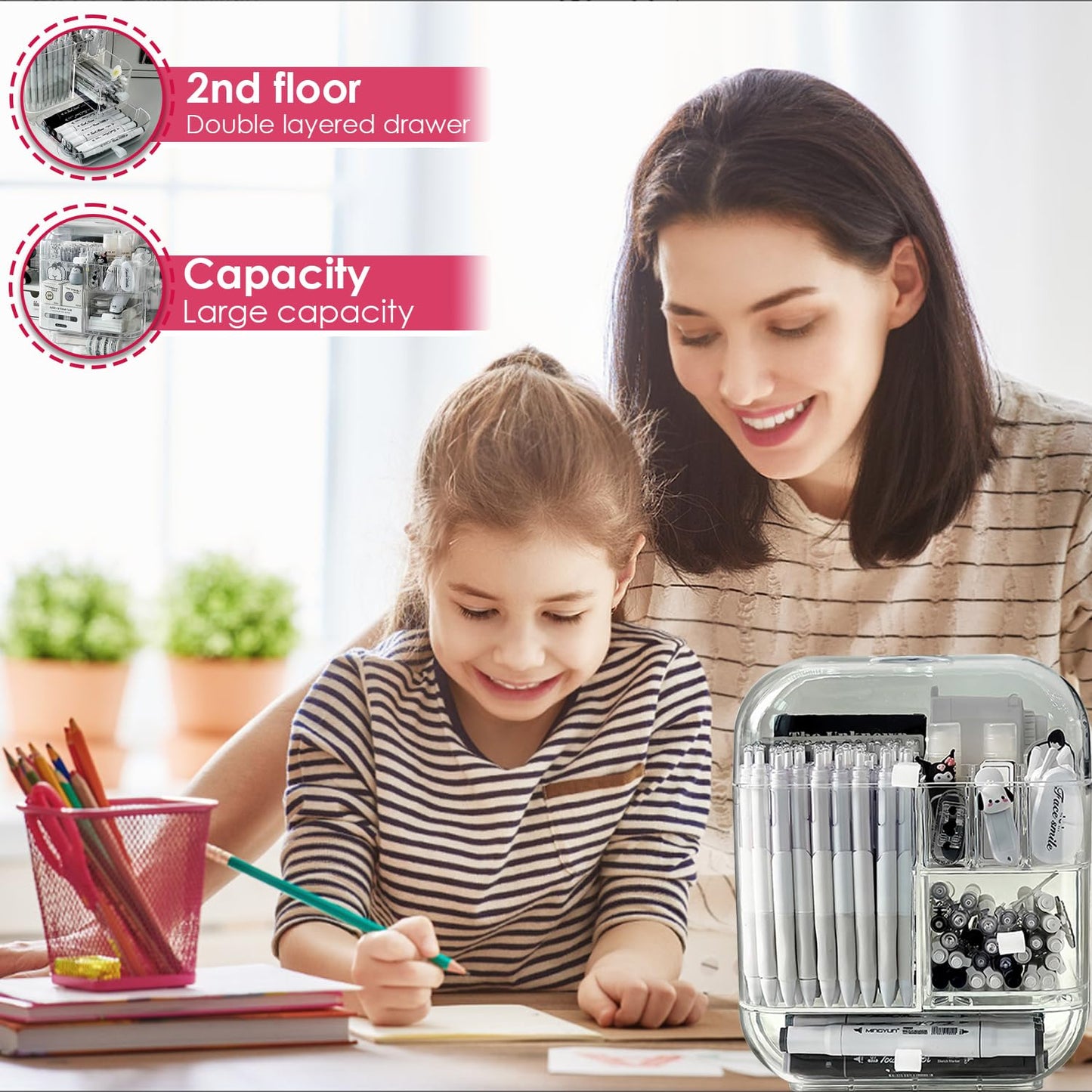 DoMyfit Clear Acrylic Pen Organizer, Desktop Storage Box with Multiple Compartments, Makeup Brush Storage Organizer for Office School Home Supplies