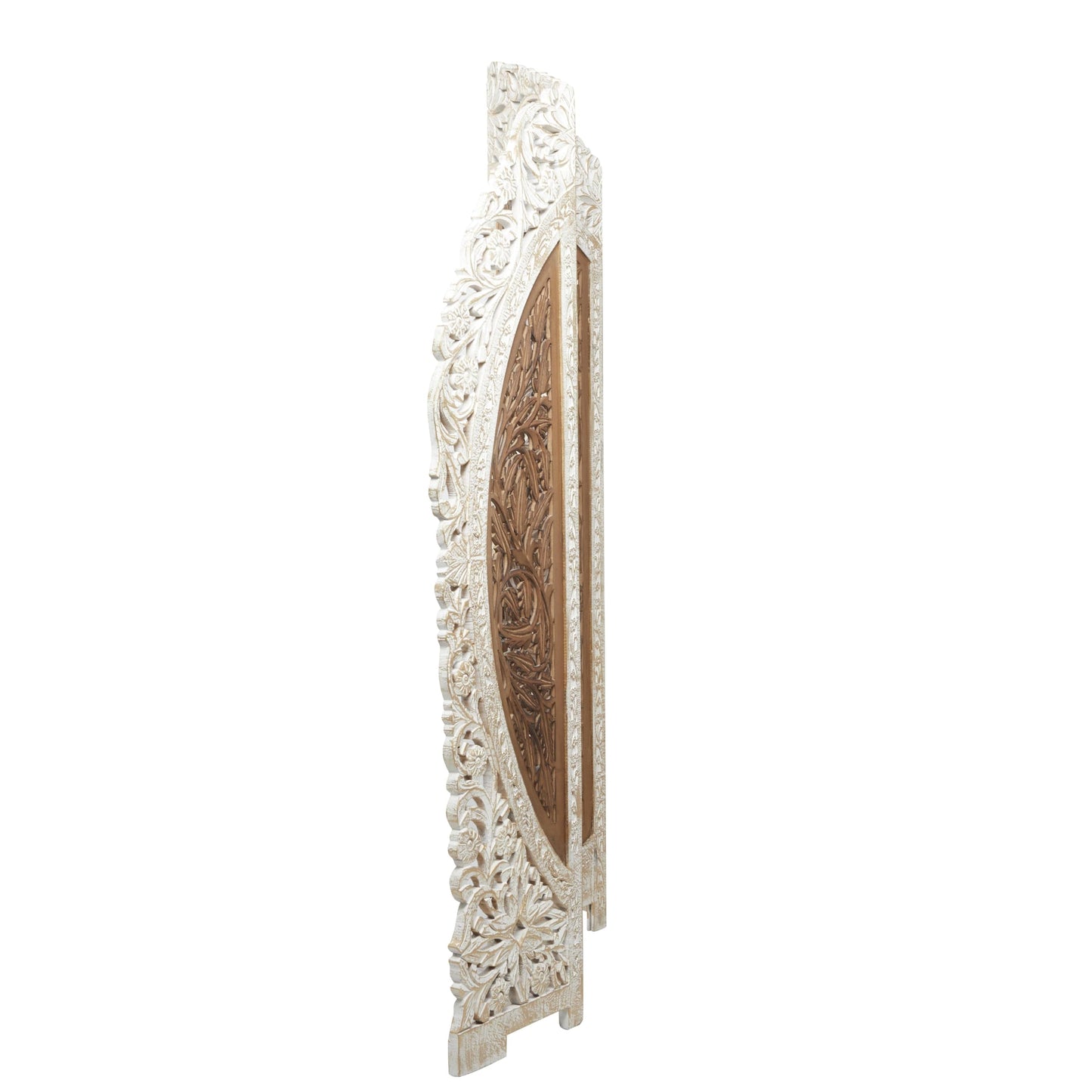 Deco 79 Mango Wood Floral Handmade Partition Room Divider Screen Foldable Arched Partition 4 Panel Privacy Screen with Intricately Carved Designs, Room Partition 62" x 1" x 72", Brown