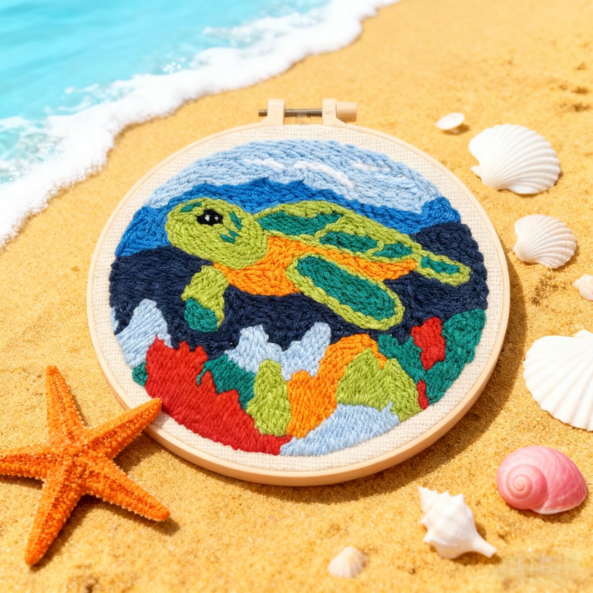 DIY Punch Needle Kits for Beginners Green Sea Turtle with Hoop Embroidery Punch Needle Starter Craft Set Easy for Adults and Children Festival Gift and Decoration 20x20cm-5