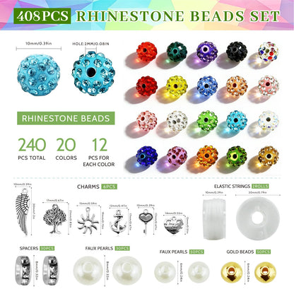 YETOOME 10mm Rhinestone Beads Set, 20 Colors Round Sparkle Crystal Clay Bead Kit with Charms, Sparkly Disco Ball Beads for Bracelets Necklaces Earrings Keychains DIY Crafting, 408 Pieces