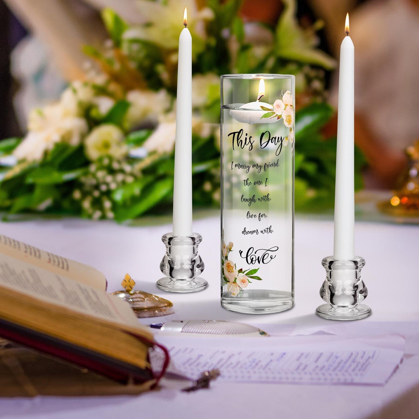 Irenare Unity Candles with Holder for Wedding Ceremony Wedding Decortions Accessories Glass Candle Holder Pillar Candle for Formal Events Church(Fresh Style)