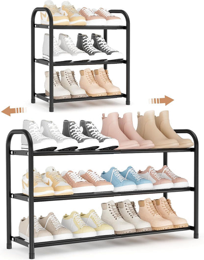 Closet, 18"-32" 3-Tier 12 Expandable Shoe Rack for Metal Shoe Rack for Entryway Adjustable Width Free Standing Shoe