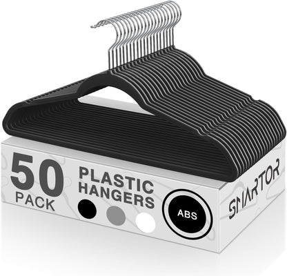 SMARTOR Plastic Hangers - Heavy Duty Slim Clothes Hangers with 360° Swivel Hook | 50 Pack - Black