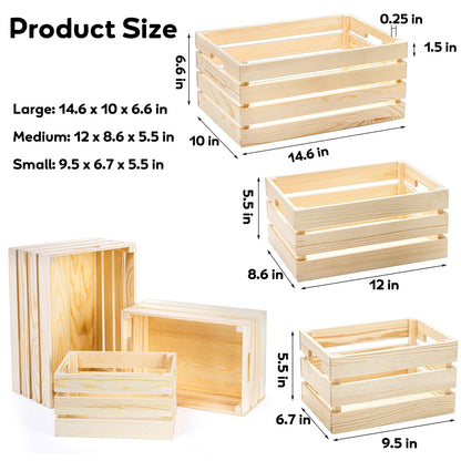 Youeon Set of 3 Rustic Wooden Nesting Crates with Handles, Decorative Wooden Crates, Crate Box Wooden Storage Box for Kitchen, Office, Bedroom, Closet, Rustic Country Decor