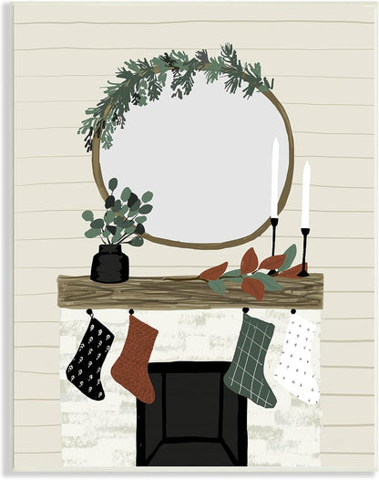 Stupell Industries Festive Holiday Stocking Fireplace Wall Plaque, 13 x 19, Designed by Jess Bruggink, Beige