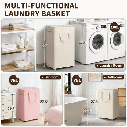75L 16.5" 12.5" 27.5" Goodpick White Laundry Basket with Wheels, Rolling Laundry Hamper for Bedroom Bathroom, Foldable