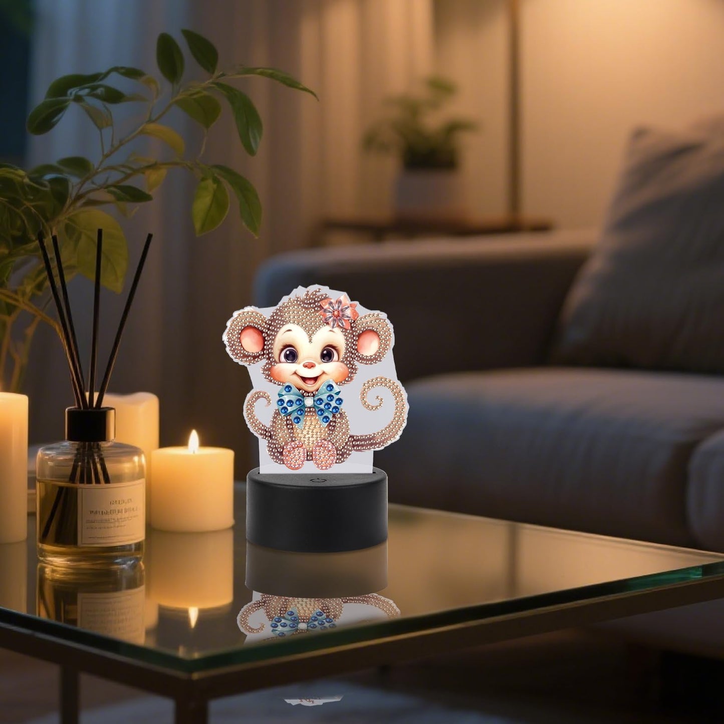 JZHYOAN Monkey Diamond Painting Night Light DIY Gem Painting Table Lamp Diamond Art Table Lamp Gift Light up Art Ornaments for Table Desk Bedroom Mosaic Cross-Stitch Set for Adult