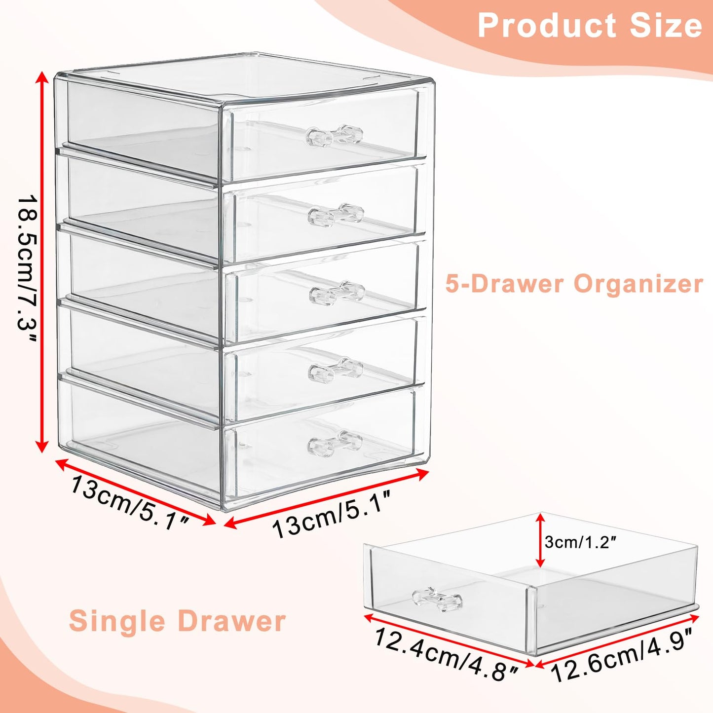 BTSKY Clear Acrylic Storage Organizer with Drawers, 5-Layer Desktop Organizer for Office Essentials, Multi-Purpose Stackable Container for Bathroom Vanity, Desk Makeup Jewelry Container Storage Box